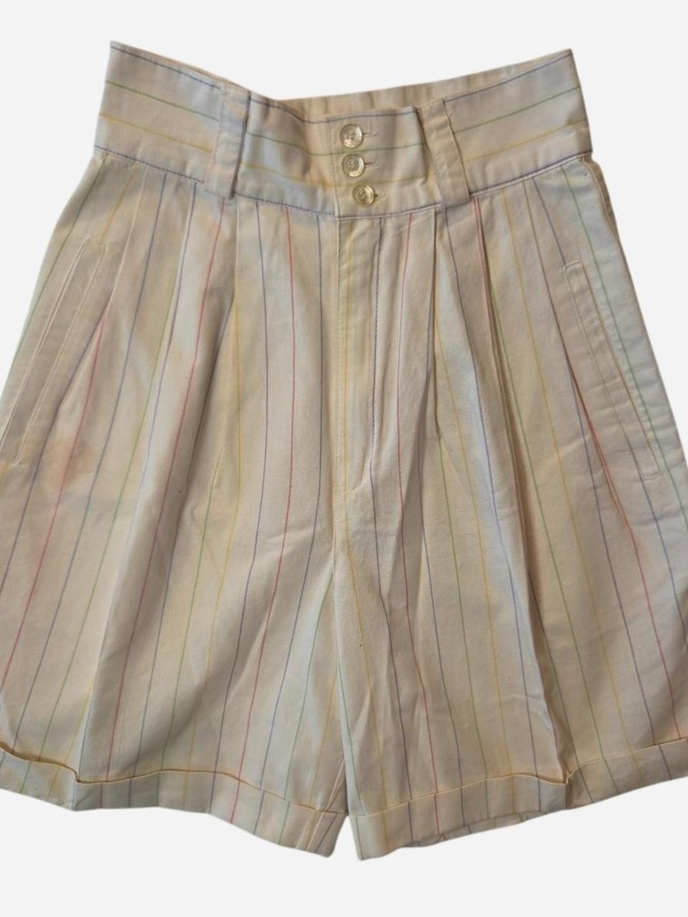 Vtg 1980s Esprit Cream Shorts with Pastel Stripe Detail And Buttons Sz 3/4 - Picture 2 of 8
